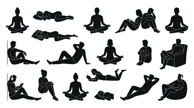 Black silhouettes of people in various sitting and lying poses