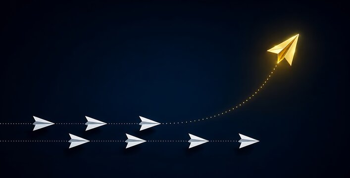 Golden paper airplane flying upward away from white planes concept of thinking differently individuality and new direction