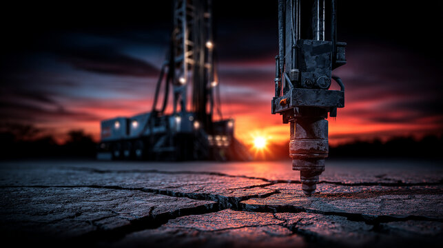 Industrial drilling rig at sunset over cracked desert terrain with sunset sky, drilling