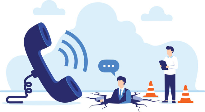 Technical Support Team Fixing a Broken Communication Line and Rescuing Businessman from a Ground Crack Hole Vector Illustration Concept