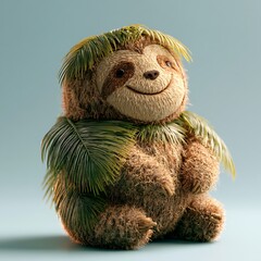 Fototapeta premium A cute smiling sloth made from fresh coconuts and tropical palm leaves, whimsical exotic fantasy creature