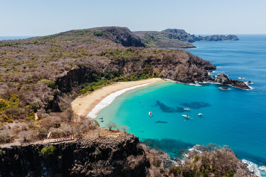 Aerial view of Baia do Sancho and the coastline, Fernando de Noronha, Pernambuco, Brazil