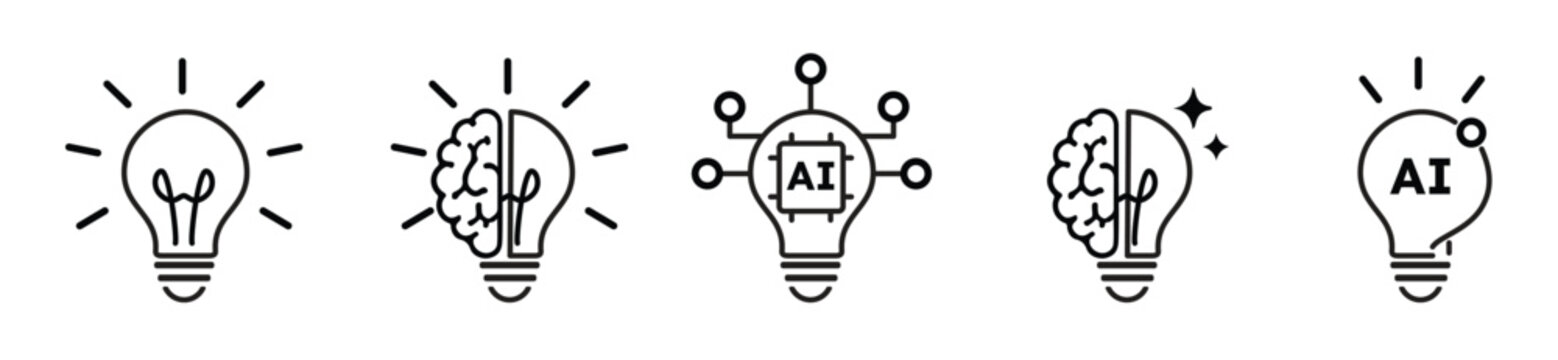 Light Bulb icon. Creative idea Lamp icon with AI and Brain icons .