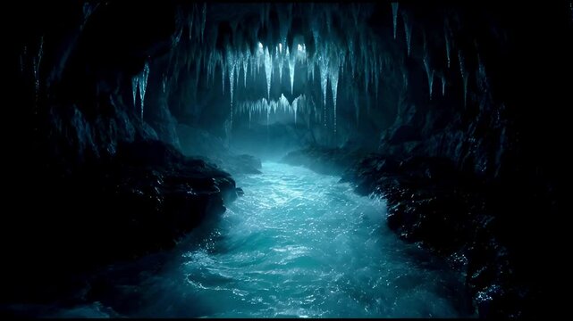 Deep Underwater Cave Stream Flowing Blue Water Light Tunnel Adventure Through Dark Cave Water Rapids