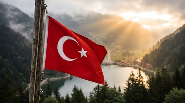 Turkish Flag Waving Over Uzungol Lake Landscape at Sunset in Trabzon Turkey