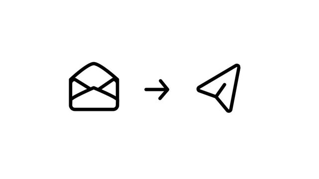Minimalist black line icon set showing an envelope symbol smoothly transforming into a paper airplane send icon for messaging app interface design