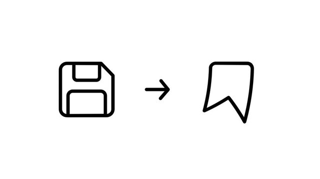 Minimalist black line icon set showing a floppy disk save symbol smoothly transforming into a bookmark ribbon icon for modern interface design work