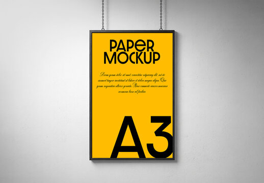 Hanging A3 Poster Frame Mockup with Chains on Minimal White Wall