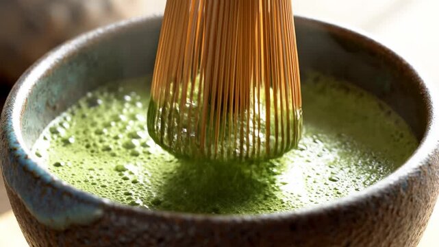 Close-up of traditional bamboo whisk preparing vibrant green matcha tea powder in rustic ceramic bowl, frothy beverage, Japanese ceremony
