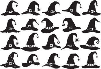 Obraz premium A collection of various black witch hat silhouettes with different designs for Halloween.