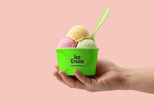 Realistic Ice Cream Cup Mockup In Hand