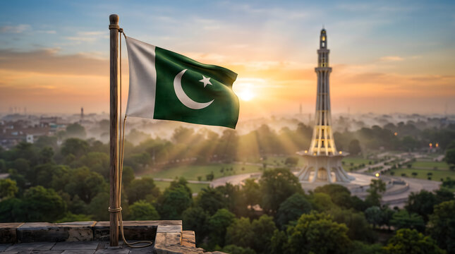 Majestic Pakistani flag proudly waving above the historic Minar-e-Pakistan in Lahore, illuminated by the glorious hues of a radiant sunset, symbolizing national pride and heritage