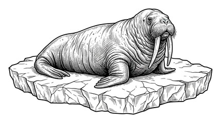Walrus on Ice Floe - Black and White Illustration © Jarwo