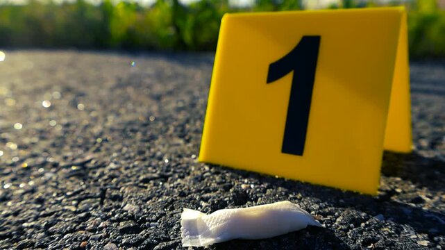 Close up of a yellow forensic evidence marker with the number one placed next to a small white nicotine pouch on an asphalt road during a police investigation with a blurry background