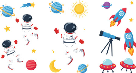 Cute space vector illustrations set with cartoon astronauts rockets ufo and colorful planets on white background © Rony