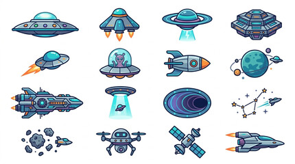 Collection of Cartoon Spaceships and UFOs in Space. © Ilul