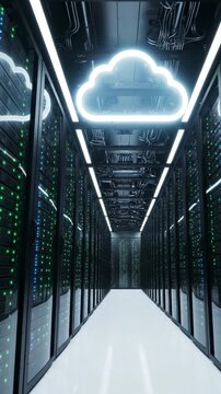 Data center aisle with glowing cloud icon