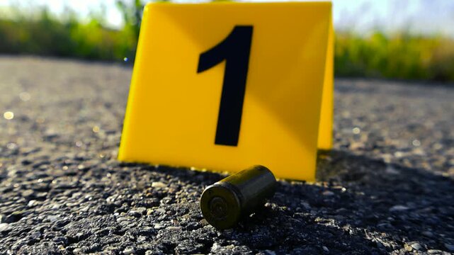 Yellow crime scene evidence marker number one next to a 9mm bullet shell casing on asphalt road, illustrating a criminal investigation with a bokeh blurry background of green grass