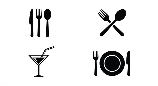Cutlery and drinkware silhouettes on a white background a collection of flat vector icons flatware silverware fork spoon knife cocktail glass martini straw plate