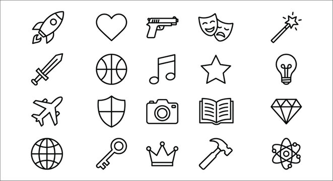 Collection Of Line Icons Featuring A Rocket Heart And Various Objects abstract airplane atom basketball book camera cartoon comedy crown diamond earth education entertainment