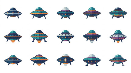 Collection of cartoon style flying saucers and alien spacecrafts. © Ilul
