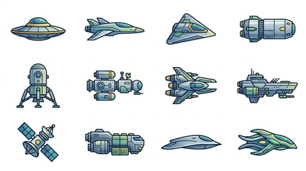 Collection of cartoon style spaceships and alien craft. © Ilul