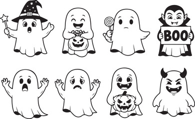 Fototapeta premium Adorable Halloween Ghost Characters in Various Costumes and Poses, Black and White.