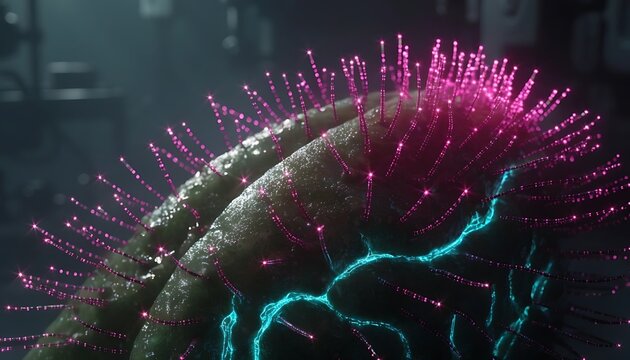 Artificial intelligence and neural network concept with human brain model integrated with glowing blue neon lines and pink fiber optic cables, futuristic bionic mind 3D render