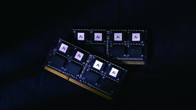 Computer memory chips with an AI logo representing artificial intelligence and advanced computing technology on a dark, textured background with a shallow depth of field