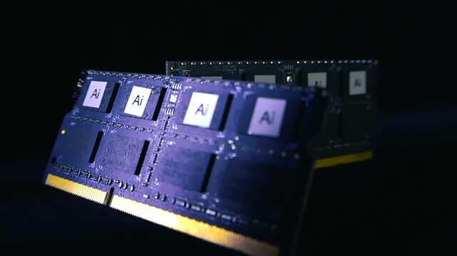 Advanced artificial intelligence chips integrated on a RAM memory module, representing the rapid evolution of technology, machine learning, and futuristic computational power on a black background