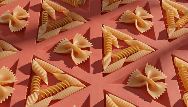 Creative abstract food background with Italian pasta pattern, farfalle, penne and fusilli organized in geometric triangular slots on terracotta surface 3D render