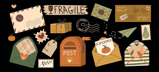 Cozy autumn snail mail vector clip art set. Cute elements with vintage mailbox, decorated envelopes, stamps, parcels, pumpkin and postmarks. Hand drawn hygge fall illustrations for stickers, planners  © Viktoria