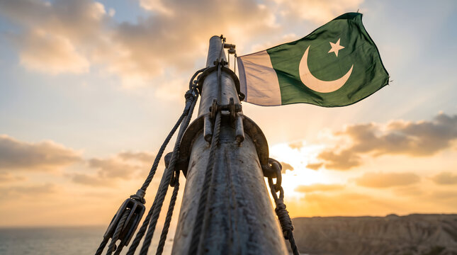 National flag of Pakistan waving atop a tall pole against a dramatic sunset sky with golden clouds over a landscape