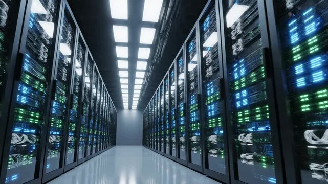 Server room with glowing blue and green indicator lights on racks of computer hardware, data center technology, network infrastructure, cybersecurity, digital storage.