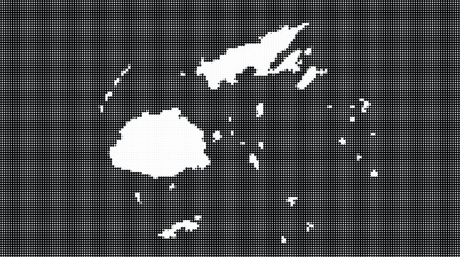 Artistic halftone dot map of Fiji, featuring a unique digital pointillism effect on a dark background, perfect for tropical travel themes, geography, and creative design.