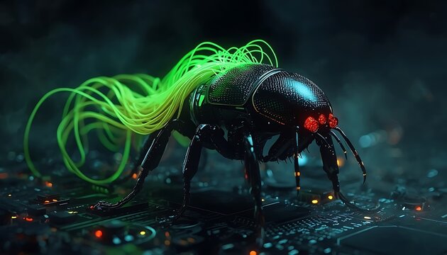 Cybernetic insect spy robot on electronic circuit board, futuristic bionic bug character with glowing red eyes and neon green fiber optic cables, cyber security software bug concept 3D render