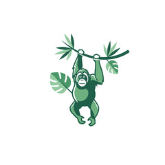 Fototapeta premium Playful green orangutan swinging from a tropical vine amidst large monstera leaves in a clean stylized vector illustration.