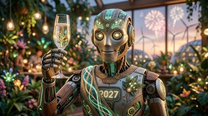 Fototapeta premium Futuristic robot celebrating with champagne in garden