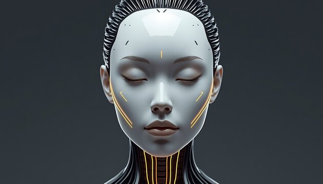Futuristic android woman portrait with closed eyes and glowing yellow neon circuitry lines, white porcelain cybernetic female robot face, artificial intelligence and bionic concept 3D render
