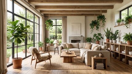 Fototapeta premium Bright Modern Living Room Interior Featuring Large Windows Wooden Ceiling Beams and Lush Potted Houseplants for Cozy Natural Home Decor