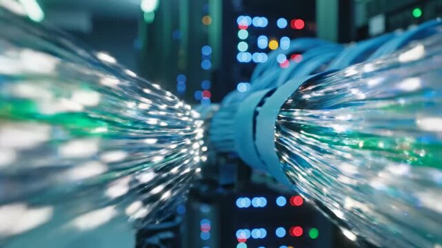 Close up of glowing fiber optic cables in a data center, conveying speed and digital connectivity, technology and network infrastructure