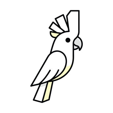 Cockatoo parrot with a bright yellow crest and white feathers, illustrated in a modern minimalist graphic design.