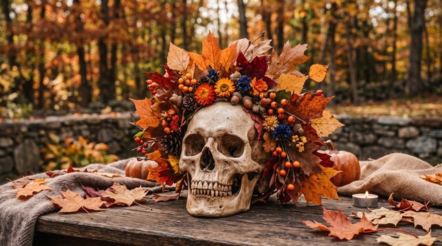 Skull decorated with autumn leaves