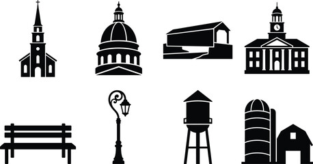 Set of Black Silhouette Small Town and Rural Architecture Icons © Juwel