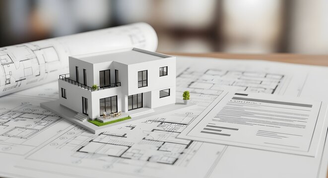 Architectural model of a modern house with blueprints and construction plans on a wooden desk, representing home design and real estate development.