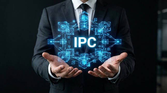 Digital Network Security and IPC Technology: A businessman in a suit holds glowing blue digital network nodes and circuits with the acronym IPC at the center.