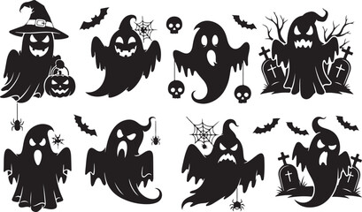 Fototapeta premium Halloween ghost clipart set vector spooky haunted silhouettes skull icons isolated on transparent background