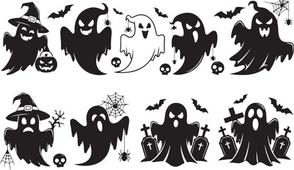 Obraz premium Halloween ghost clipart set vector spooky haunted silhouettes skull icons isolated on transparent background