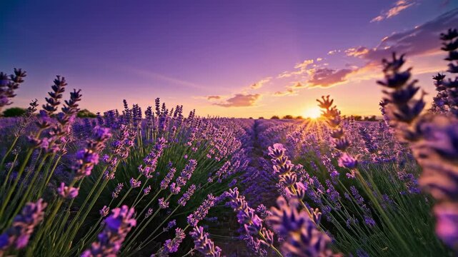Vibrant lavender field at sunset, purple flowers in rows under a dramatic orange and purple sky, tranquil nature scene with sun rays