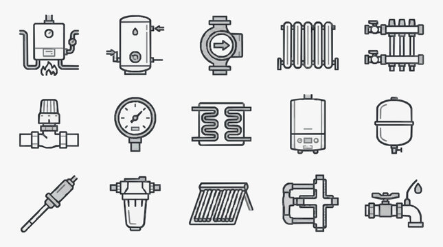 Industrial Black and White Line Icons Set Featuring Heating Plumbing and HVAC Equipment and Components